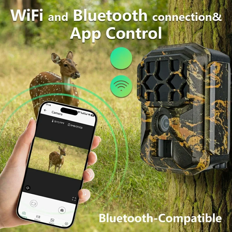 H1W 8K 60MP Trail Camera Solar Panel WiFi Bluetooth-compatible Infrared Hunting Camera with Night Vision for Wildlife Scouting - Camouflage