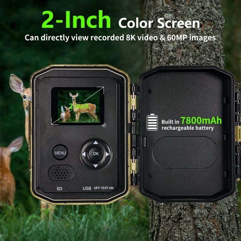 H1W 8K 60MP Trail Camera Solar Panel WiFi Bluetooth-compatible Infrared Hunting Camera with Night Vision for Wildlife Scouting - Camouflage