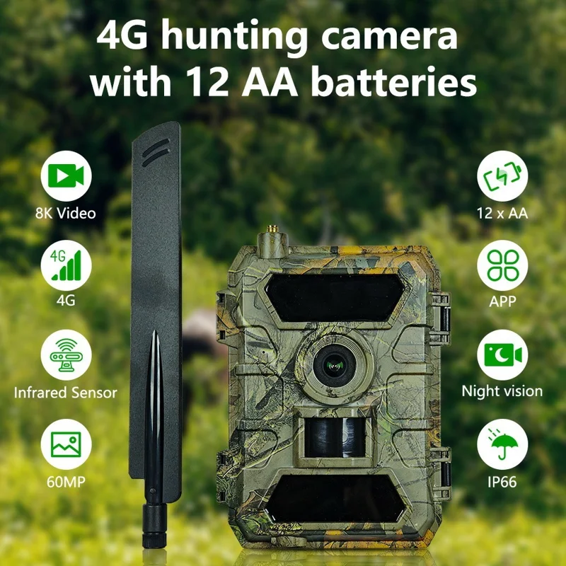 PR902LTE 4G 8K 60MP Trail Camera IP66 Waterproof Night Vision PIR Motion Detection Hunting Camera for Wildlife Scouting - Camouflage
