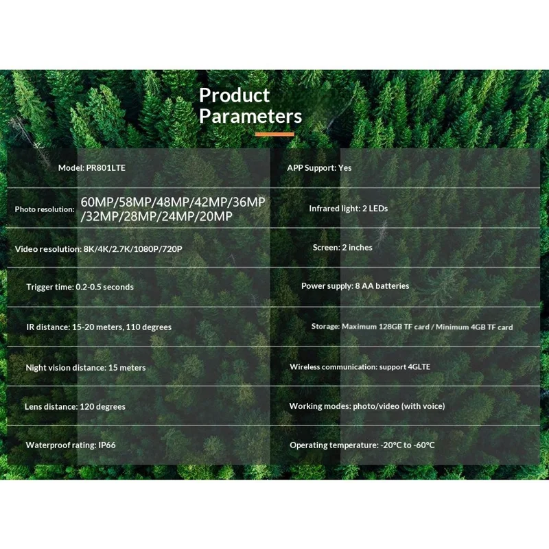 PR801LTE 8K Trail Camera 4G LTE 60MP PIR Motion Detection Night Vision IP66 Waterproof Hunting Camera for Scouting Wildlife Security - Camouflage