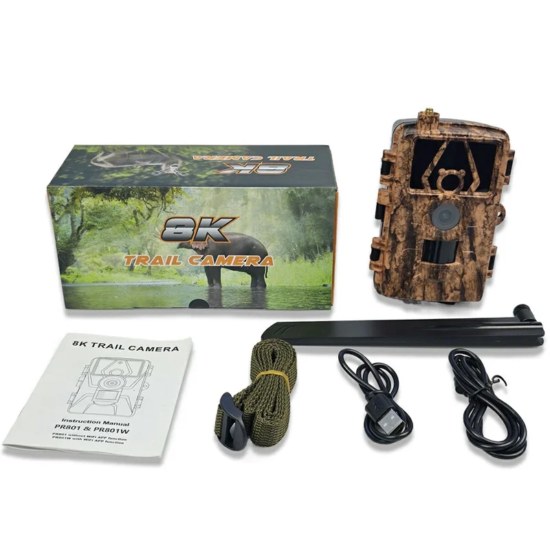 PR801LTE 8K Trail Camera 4G LTE 60MP PIR Motion Detection Night Vision IP66 Waterproof Hunting Camera for Scouting Wildlife Security - Camouflage
