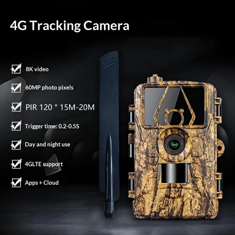 PR801LTE 8K Trail Camera 4G LTE 60MP PIR Motion Detection Night Vision IP66 Waterproof Hunting Camera for Scouting Wildlife Security - Camouflage
