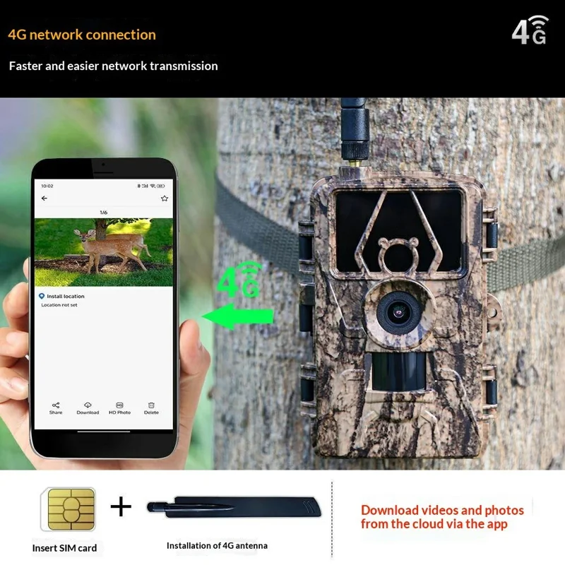 PR801LTE 8K Trail Camera 4G LTE 60MP PIR Motion Detection Night Vision IP66 Waterproof Hunting Camera for Scouting Wildlife Security - Camouflage