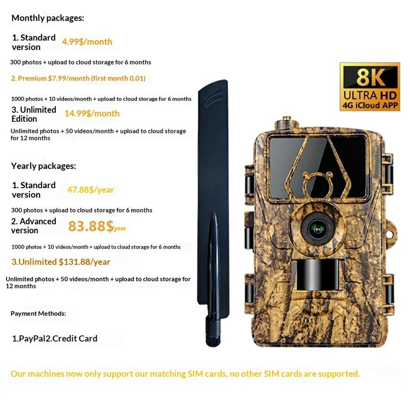 PR801LTE 8K Trail Camera 4G LTE 60MP PIR Motion Detection Night Vision IP66 Waterproof Hunting Camera for Scouting Wildlife Security - Camouflage