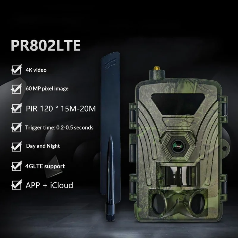 PR802LTE 4G LTE Wildcamera 60MP 4K Nachtkijker IP66 Waterdichte Jachtcamera voor Wildwaarneming