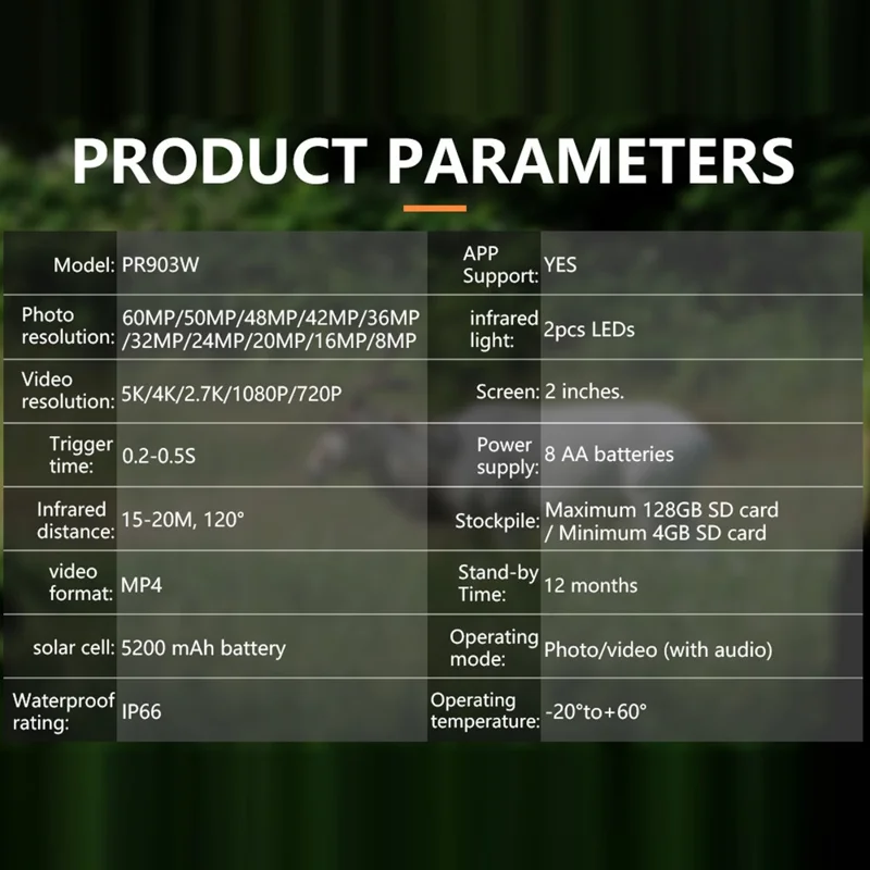 PR903W 5K WiFi Solar Security Camera 60MP Waterproof Trail Camera with PIR Motion Detection for Hunting Wildlife - Camouflage