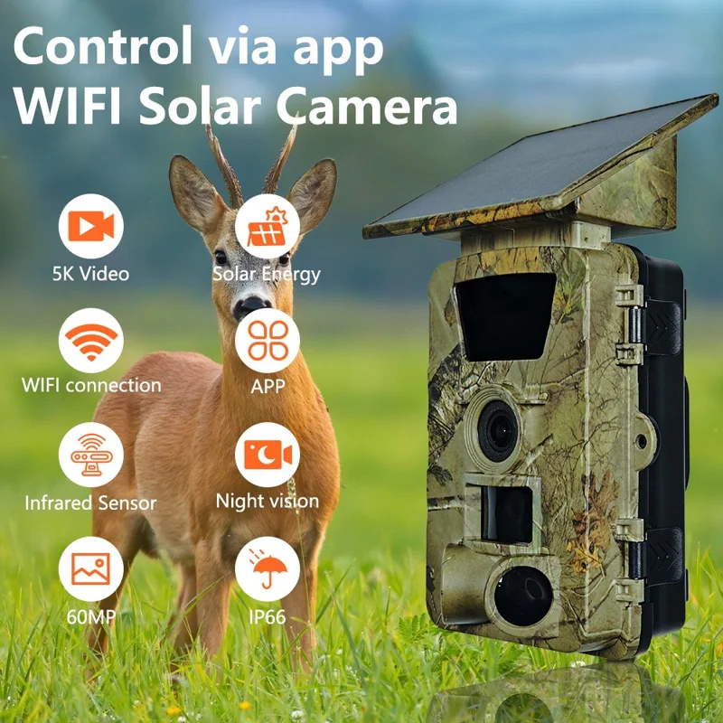 PR903W 5K WiFi Solar Security Camera 60MP Waterproof Trail Camera with PIR Motion Detection for Hunting Wildlife - Camouflage
