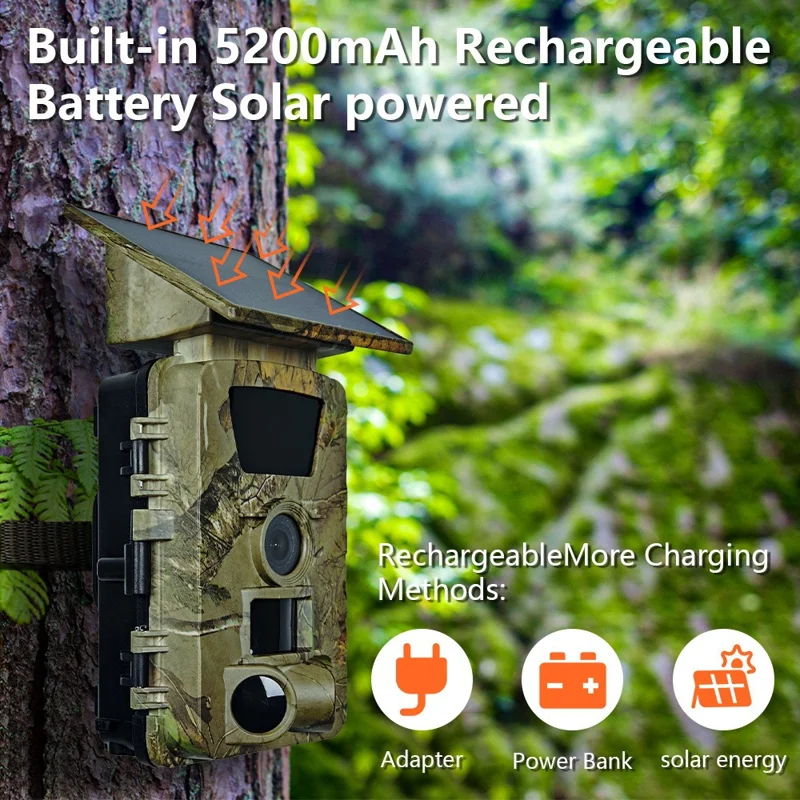 PR903W 5K WiFi Solar Security Camera 60MP Waterproof Trail Camera with PIR Motion Detection for Hunting Wildlife - Camouflage