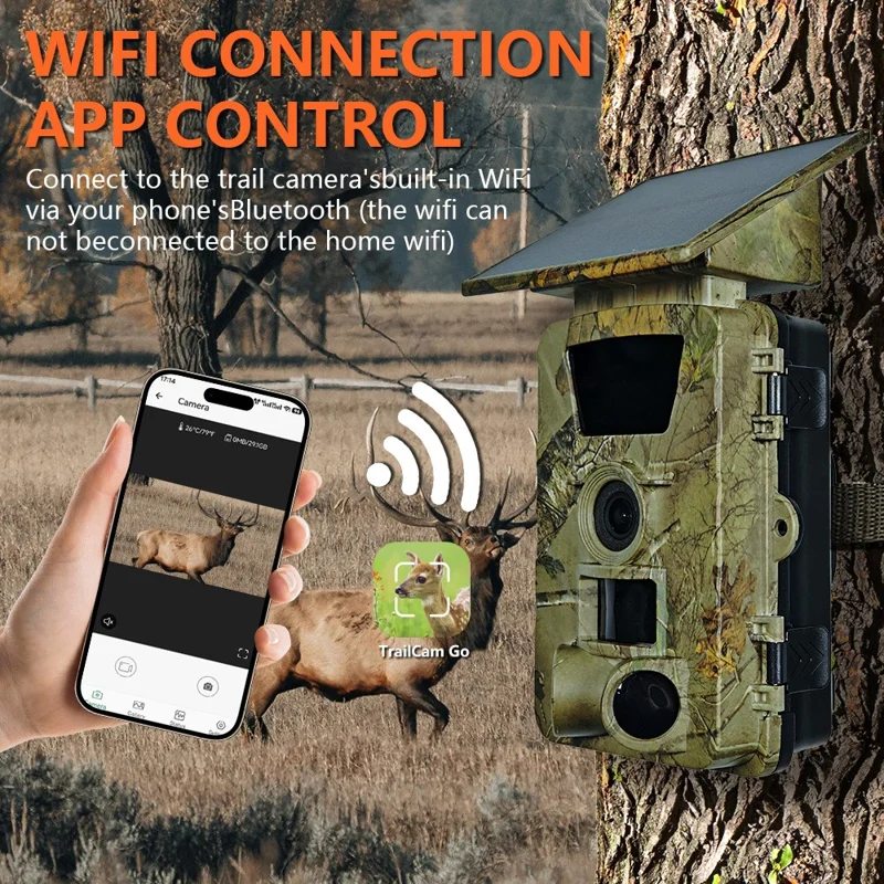 PR903W 5K WiFi Solar Security Camera 60MP Waterproof Trail Camera with PIR Motion Detection for Hunting Wildlife - Camouflage