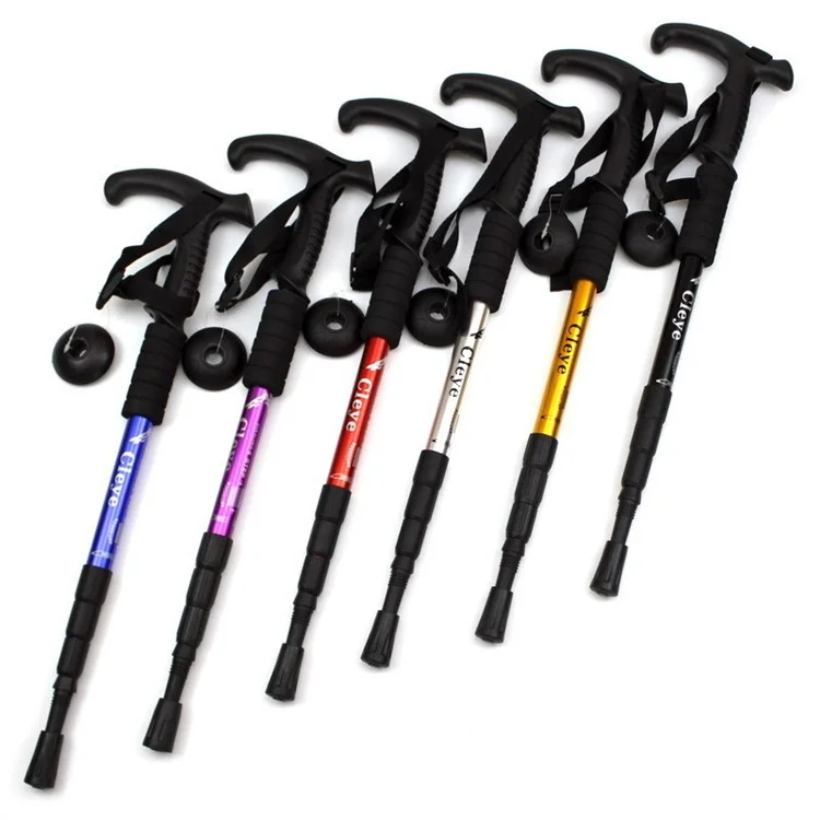 CLEYE 4-Section Aluminum Alloy Telescopic Trekking Pole Anti-Shock T-Handle Walking Stick for Traveling Camping Hiking - Gold