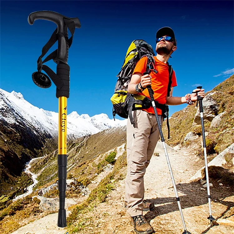 CLEYE 4-Section Aluminum Alloy Telescopic Trekking Pole Anti-Shock T-Handle Walking Stick for Traveling Camping Hiking - Gold