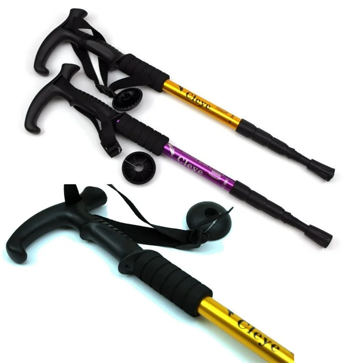 CLEYE 4-Section Aluminum Alloy Telescopic Trekking Pole Anti-Shock T-Handle Walking Stick for Traveling Camping Hiking - Gold