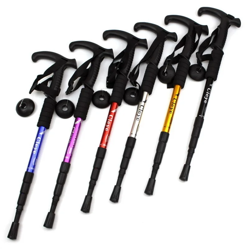 CLEYE 4-Section Aluminum Alloy Telescopic Trekking Pole Anti-Shock T-Handle Walking Stick for Traveling Camping Hiking - Silver