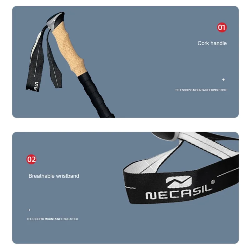 NECASIL G208S Aluminum Alloy Trekking Pole 62-135CM Folding Walking Stick Ultralight for Hiking, Camping - Black