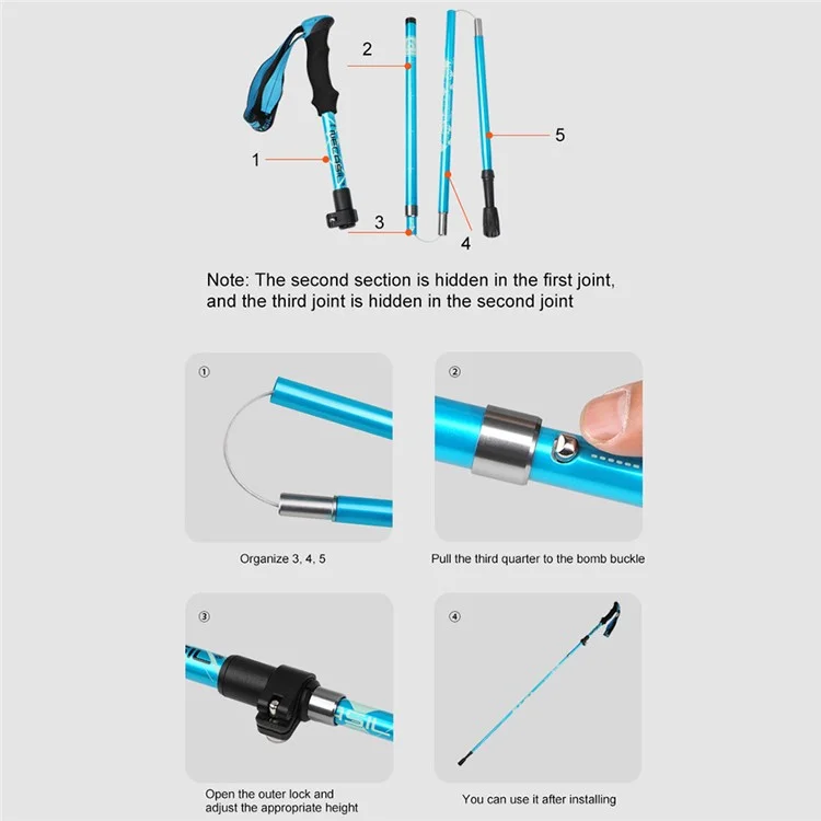 NECASIL N82 Bâton de randonnée en alliage d'aluminium à 5 sections, idéal pour le camping en extérieur, 32-125CM, pliable - Noir