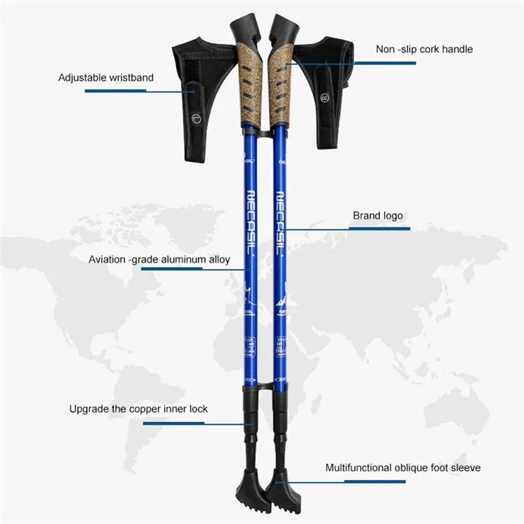 NECASIL G301 2Pcs Aviation Aluminum Alloy Alpenstock 3 Sections Telescopic Pole Embedded Lock Off-Road Hiking Stick - Blue