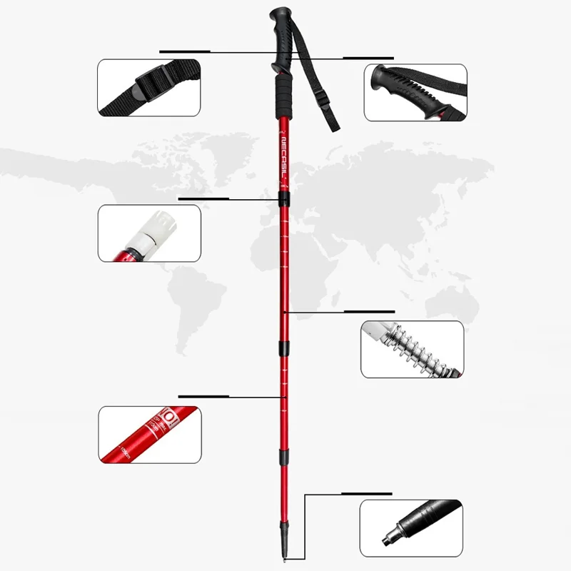 NECASIL G103 Aluminum Alloy Climbing Walking Stick 4 Sections Telescopic Folding Alpenstock Hiking Pole - Black