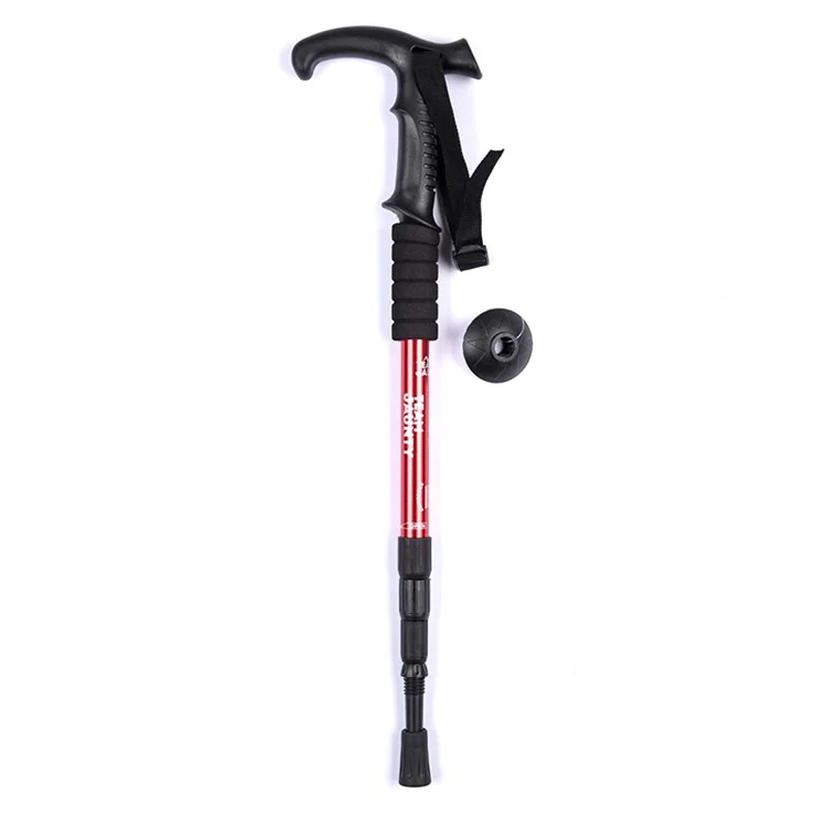 TEAM JAUNTY 6-4JNS Telescopic 6061 Aluminum Alloy Trekking Pole 4-section Hiking Pole Elderly Walking Stick - T-Handle Red