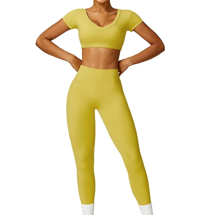 8552 Women Fitness Activewear Set Short Sleeve Crop Top+Leggings - Yellow / XL