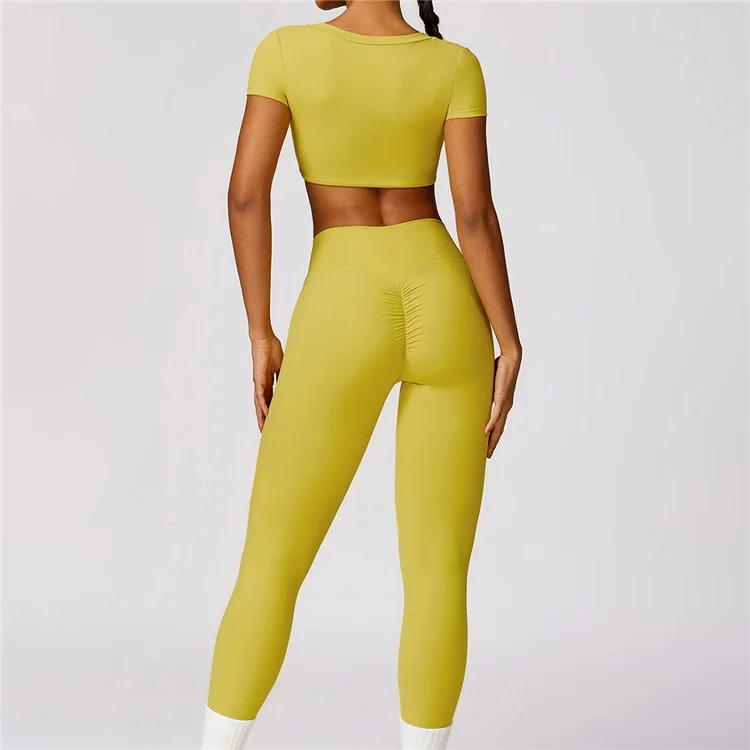 8552 Women Fitness Activewear Set Short Sleeve Crop Top+Leggings - Yellow / XL