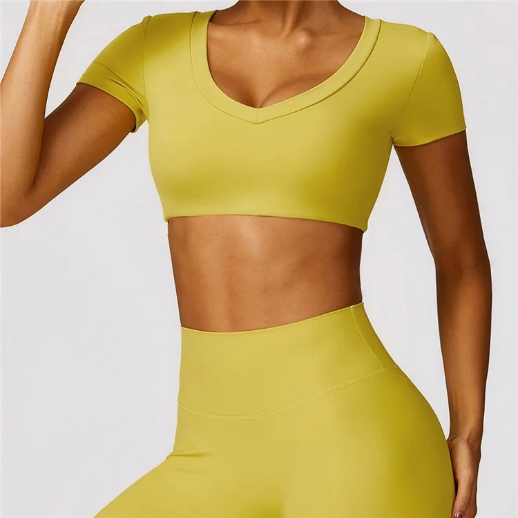 8552 Women Fitness Activewear Set Short Sleeve Crop Top+Leggings - Yellow / XL