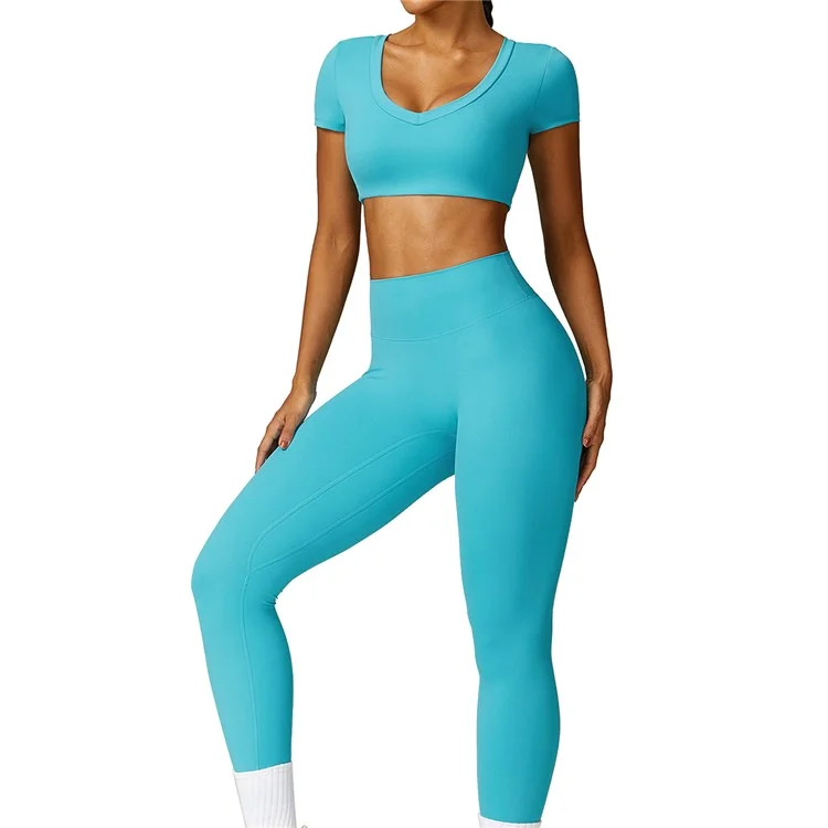 8552 Women Fitness Activewear Set Short Sleeve Crop Top+Leggings - Blue / S