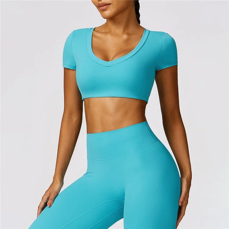 8552 Women Fitness Activewear Set Short Sleeve Crop Top+Leggings - Blue / S