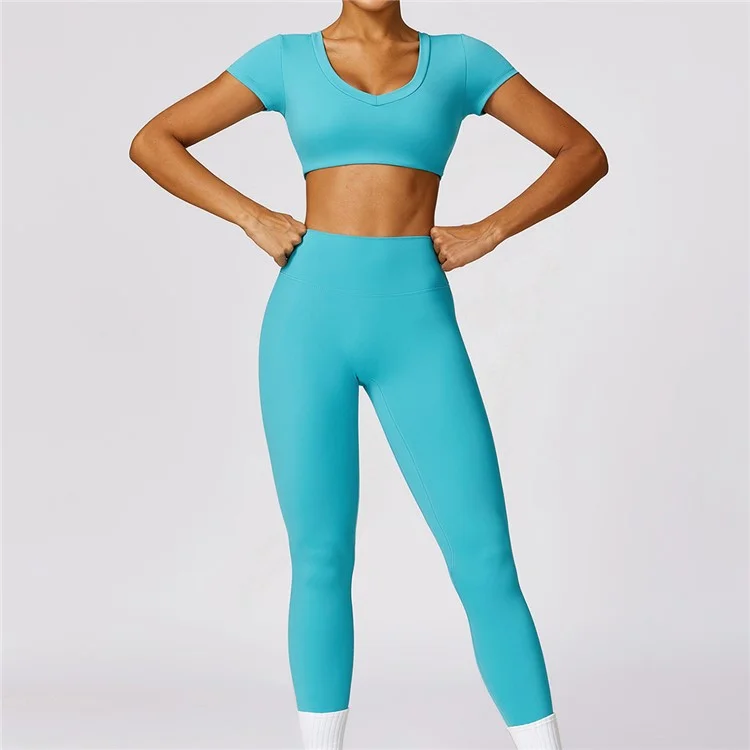 8552 Women Fitness Activewear Set Short Sleeve Crop Top+Leggings - Blue / S