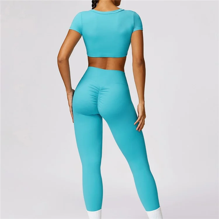 8552 Women Fitness Activewear Set Short Sleeve Crop Top+Leggings - Blue / S