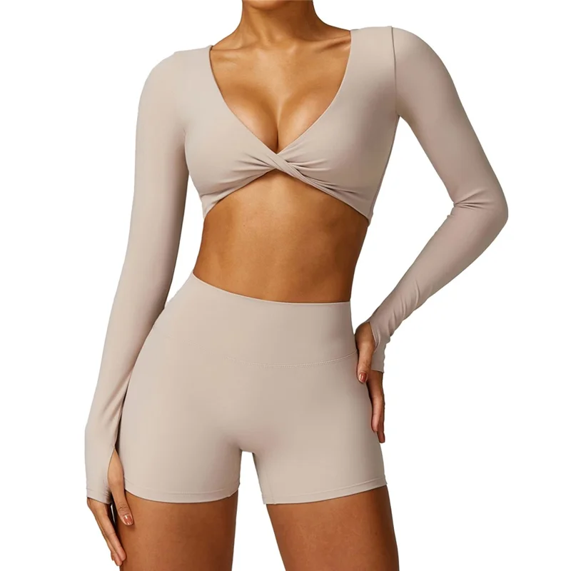 8552 Women Yoga Seamless Long Sleeve Crop Top+Shorts Pants - Flaxen / XL