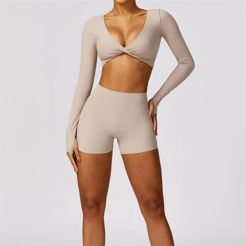 8552 Women Yoga Seamless Long Sleeve Crop Top+Shorts Pants - Flaxen / XL