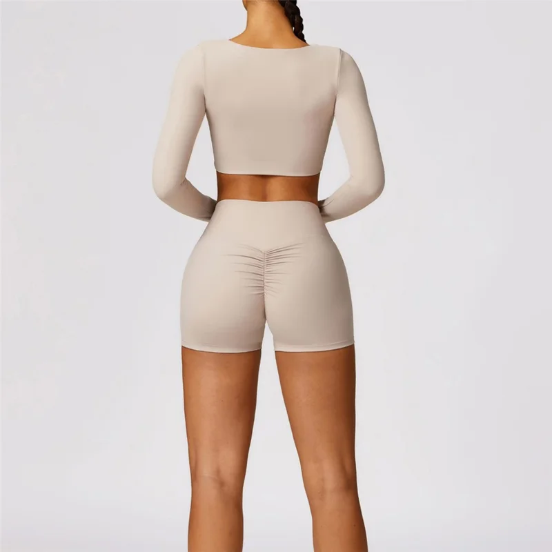 8552 Women Yoga Seamless Long Sleeve Crop Top+Shorts Pants - Flaxen / XL