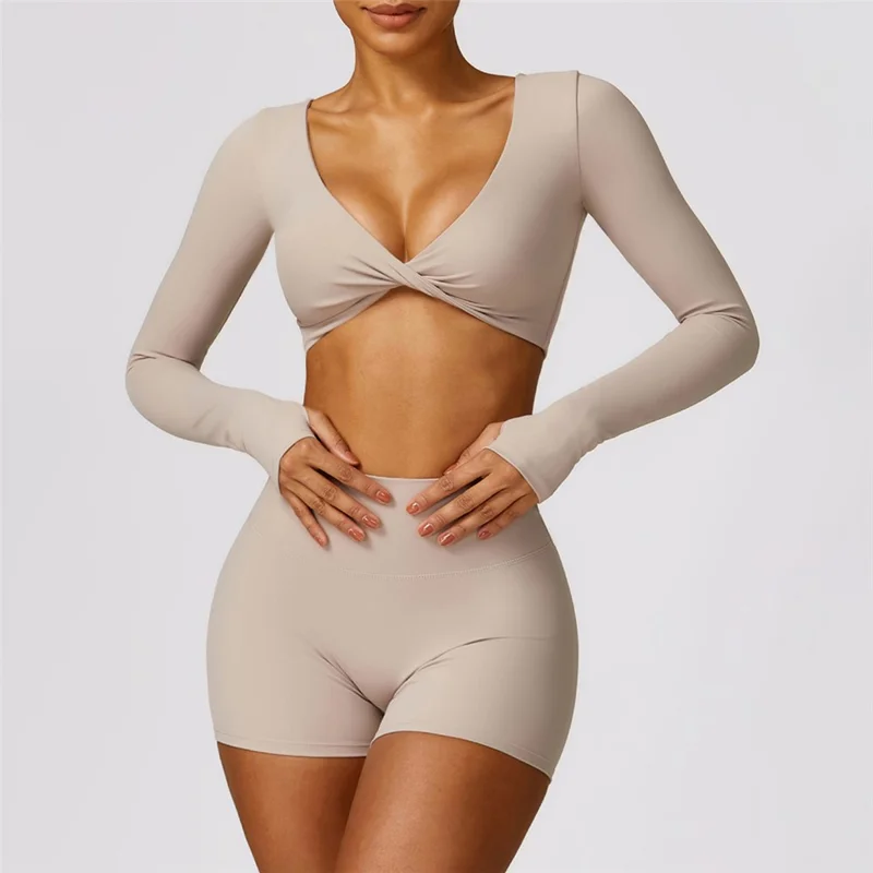8552 Women Yoga Seamless Long Sleeve Crop Top+Shorts Pants - Flaxen / XL