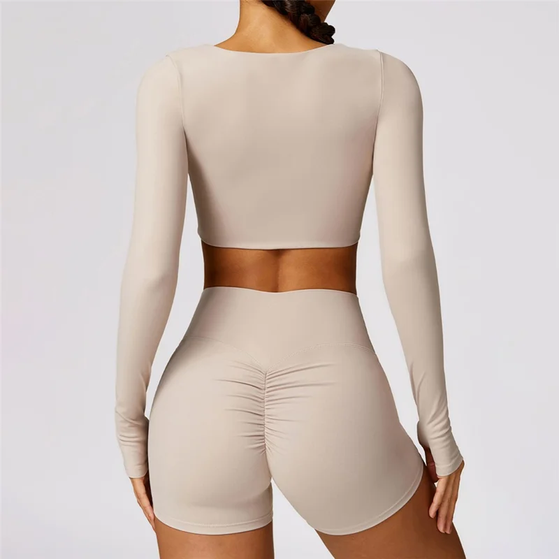 8552 Women Yoga Seamless Long Sleeve Crop Top+Shorts Pants - Flaxen / XL