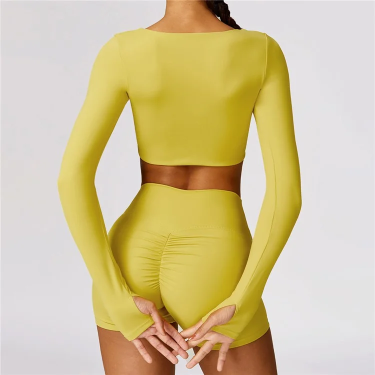 8552 Women Yoga Seamless Long Sleeve Crop Top+Shorts Pants - Yellow / M