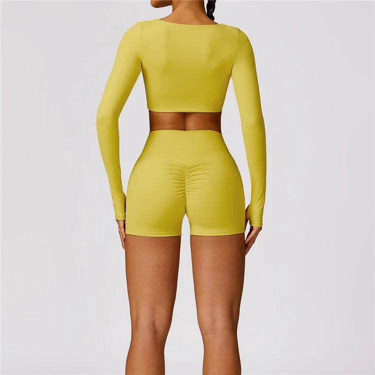 8552 Women Yoga Seamless Long Sleeve Crop Top+Shorts Pants - Yellow / M