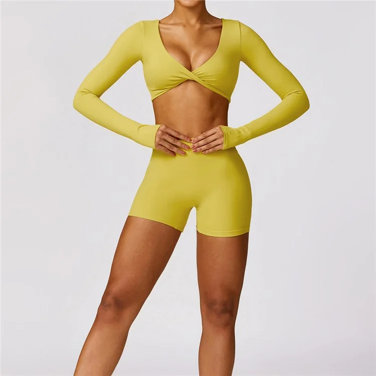 8552 Women Yoga Seamless Long Sleeve Crop Top+Shorts Pants - Yellow / M