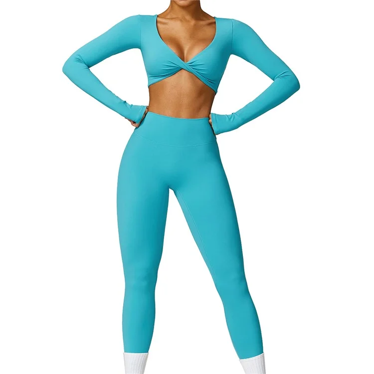 8552 Women Yoga Outfits Set Seamless Leggings+Long Sleeve Crop Top - Blue / M