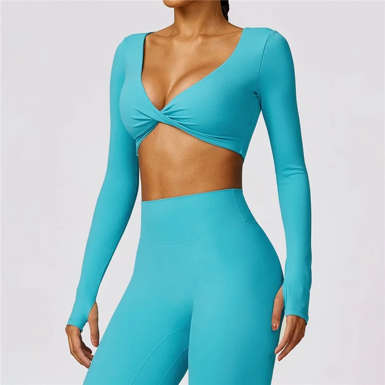 8552 Women Yoga Outfits Set Seamless Leggings+Long Sleeve Crop Top - Blue / M