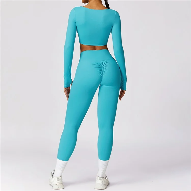 8552 Women Yoga Outfits Set Seamless Leggings+Long Sleeve Crop Top - Blue / M