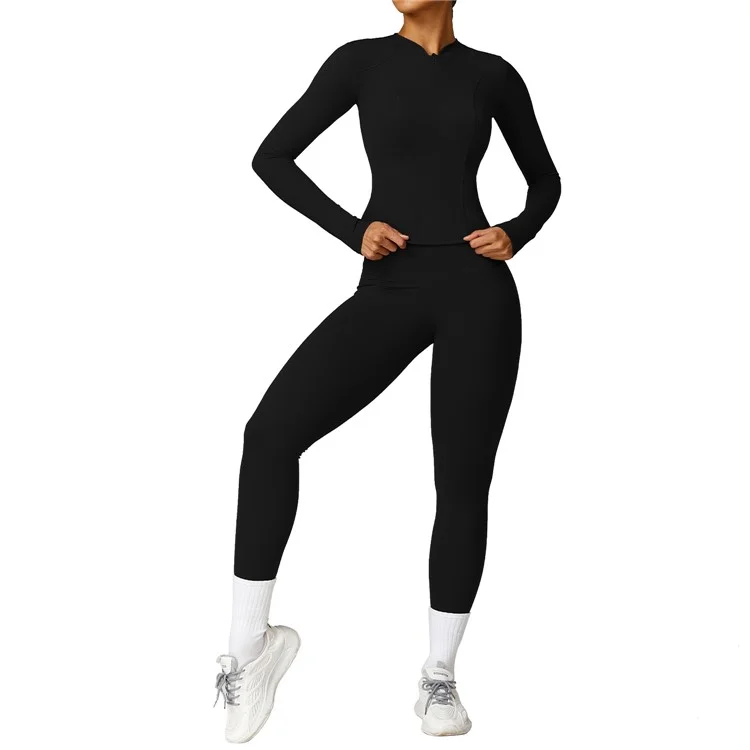 8455 Women Yoga Sports Suit Zipper Design Long Sleeve T-shirt Fitness Top + Pants - Black XL