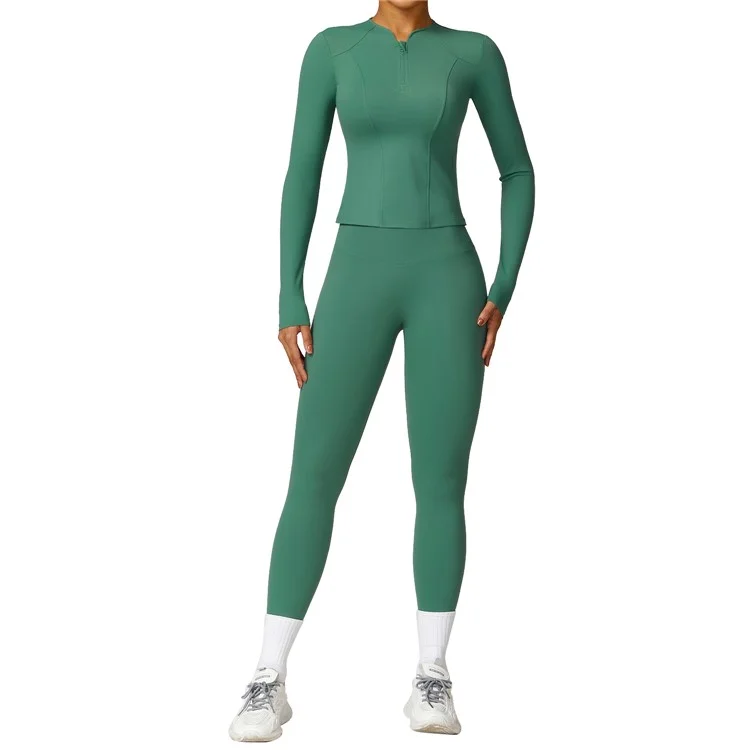 8455 Women Yoga Sports Suit Zipper Design Long Sleeve T-shirt Fitness Top + Pants - Green S
