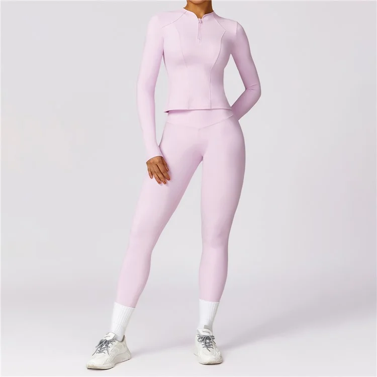 8455 Women Yoga Sports Suit Zipper Design Long Sleeve T-shirt Fitness Top + Pants - Green S