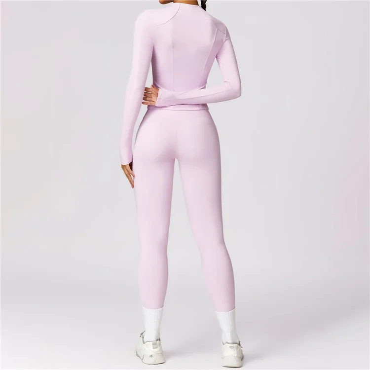 8455 Women Yoga Sports Suit Zipper Design Long Sleeve T-shirt Fitness Top + Pants - Green S