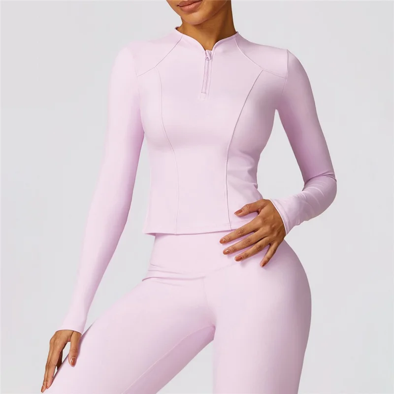 8455 Women Yoga Sports Suit Zipper Design Long Sleeve T-shirt Fitness Top + Pants - Purple S