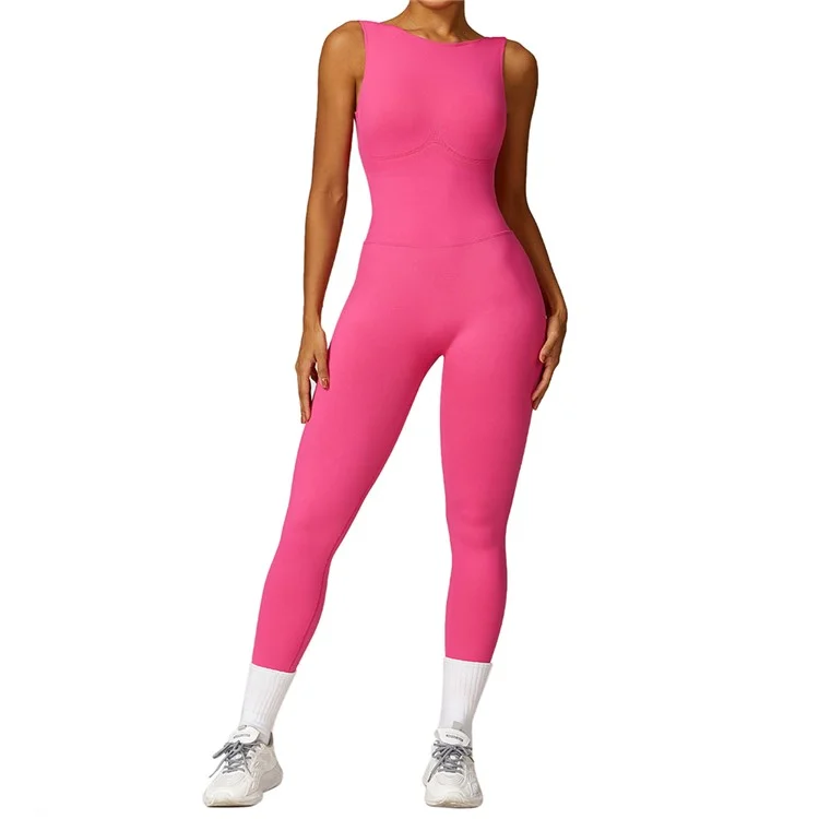7448 Women Yoga Jumpsuits Sleeveless Backless Tops Padded One Piece Sport Jumpsuits - Rose  /  L