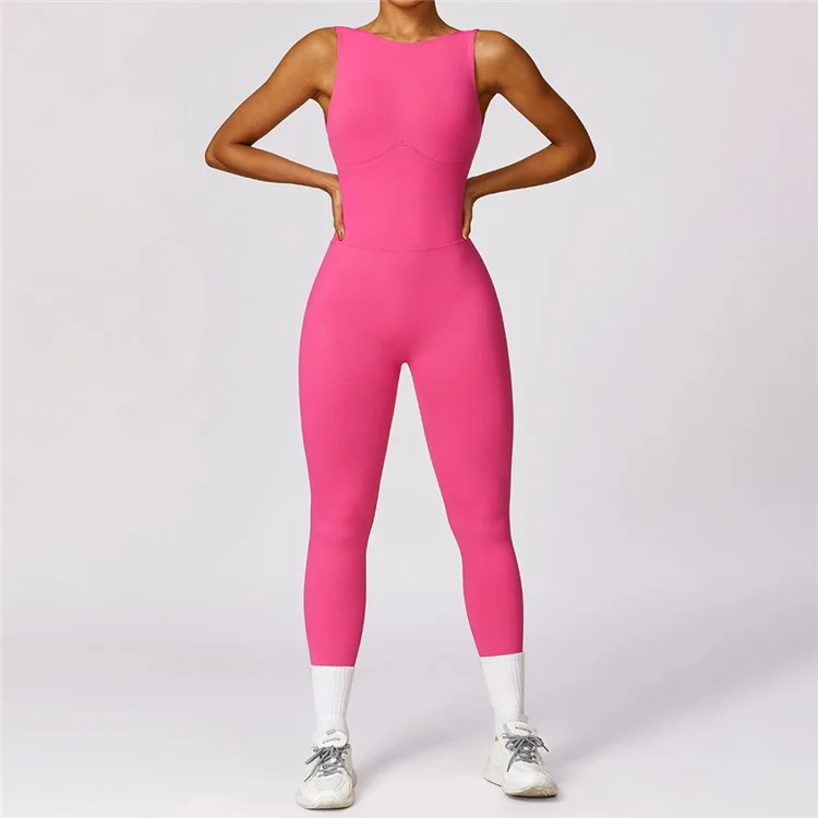 7448 Women Yoga Jumpsuits Sleeveless Backless Tops Padded One Piece Sport Jumpsuits - Rose  /  L