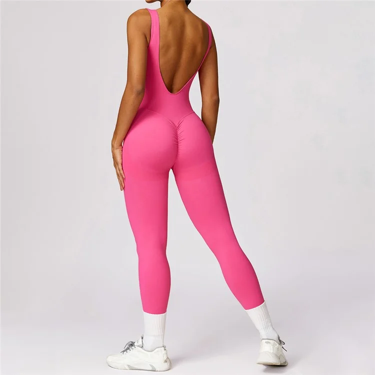 7448 Women Yoga Jumpsuits Sleeveless Backless Tops Padded One Piece Sport Jumpsuits - Rose  /  L