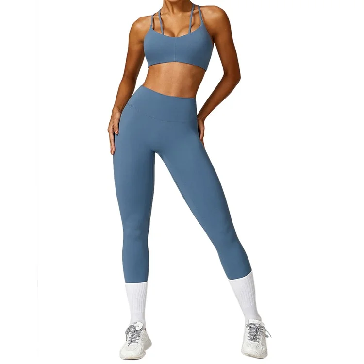 8536 2Pcs / Set Women Workout Sets High Waist Leggings and Longline Padded Sports Bra Yoga Set - Lake Blue  /  L