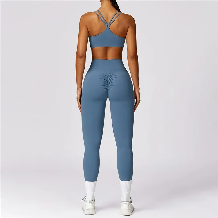 8536 2Pcs / Set Women Workout Sets High Waist Leggings and Longline Padded Sports Bra Yoga Set - Lake Blue  /  L